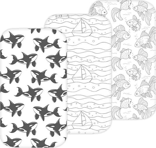 Bassinet Sheets for Papablic, CoZee, Cowiewie, Ezebaby, Nawahev Baby Bassinet Bedside Sleeper by TansyPanda, 3PC, 33x20, Ultra Soft, Breathable Snug Fit, Unisex Boys Girls, Gray White (Ocean Fish)
