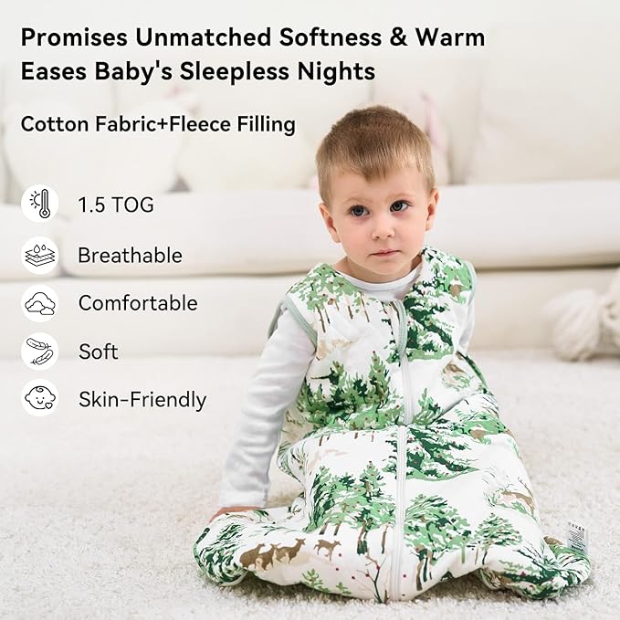 Unnivoll Baby Sleep Sack 18-24 Months 1.5 Tog Baby Wearable Blanket 100% Cotton Fabric Warm Sleeping sack with 2-Way Zipper Quilted for Toddler Infant Tog Green Pine