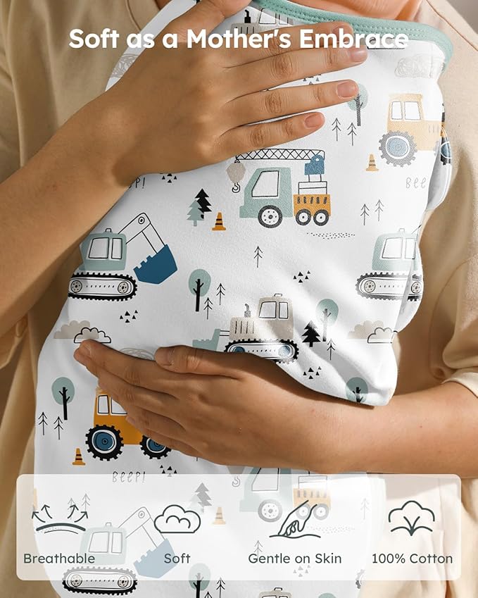 Baby Swaddles for Newborns with Zipper, 100% Cotton Newborn Swaddle Sack, 3 Pack Baby Swaddles 3-6 Months Swaddle Sleep Sack for Newborn Baby Boy Girl Green Excavator