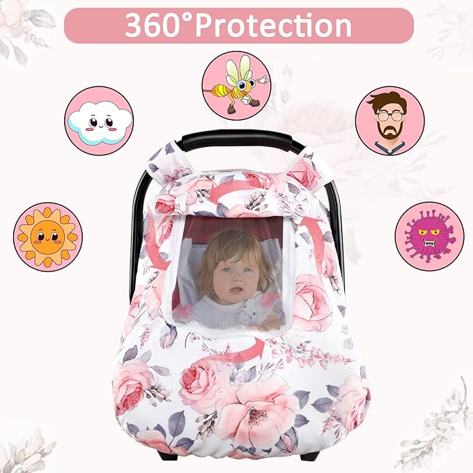 Car Seat Covers for Babies, Winter Carseat Cover Girls, Mink Infant Car Seat Canopy, Cozy & Warm Cover, Pink Floral