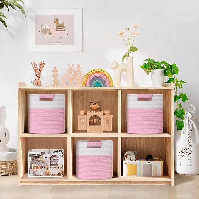 13 Inch Storage Cubes, 3 Pack Cube Storage Bins for Organizing, Cotton Rope Woven Baskets for Shelves, Bathroom, Kids Room, Closets, Baby Nursery