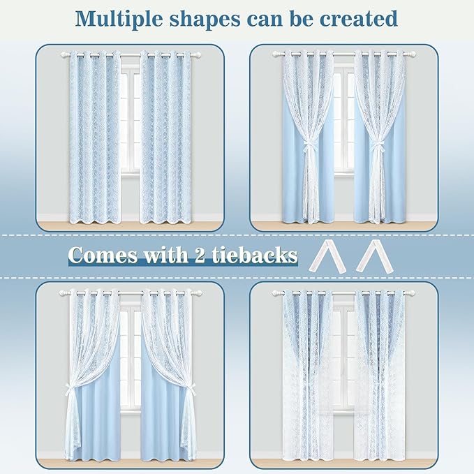 Yinhua Blue Curtains for Living Room Blackout Curtains for Bedroom 84 Inches Long Double Layer Curtain with Tiebacks, Thermal Insulation Grommet Drapes for Nursery Dining Room, 52" W x 84" L