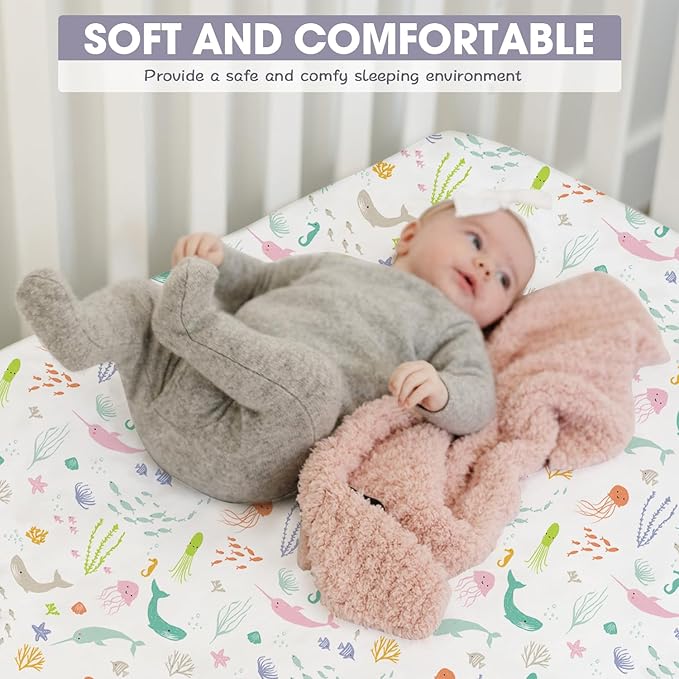 Bimocosy Crib Sheets 4 Pack, Baby Crib Sheets Fitted for Boys and Girls Breathable & Snug Fit, Soft Toddler Bed Sheets for Standard Crib Mattress Nursery Daycare Essentials, Ocean Friends