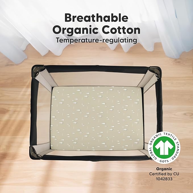 2-Pack Mini Crib Sheets Fitted - 38x26 Pack N Play Sheets for Pack and Play Mattress, Organic Cotton, Soft & Breathable Playard Bedding, Neutral Mini Toddler Bed Cover for Boys, Girls (Pine Grove)