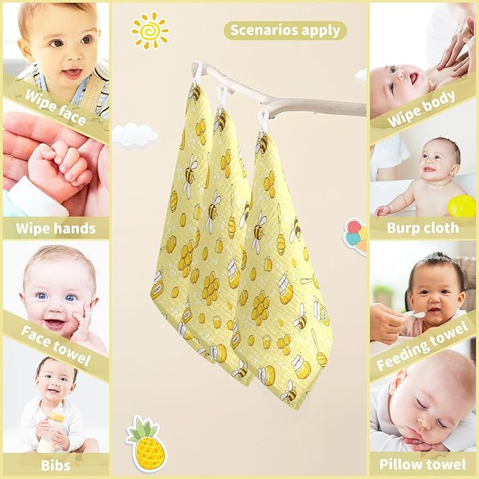 Baby Washcloths Cotton Flying Bees Honey Baby Muslin Washcloths Soft Baby Face Towel for Newborn Infants Baby Wipes, 11.8 X 11.8 Inch, 3 Pack Yellow