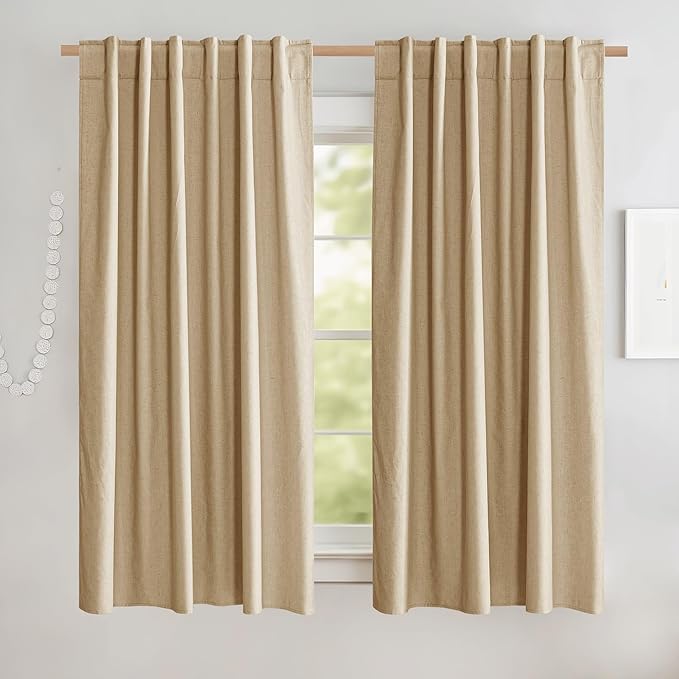 NICETOWN 100% Blackout Linen Curtains with Thermal Insulated White Liner, Camel, 52" Wide by 63" Long, 2 Pieces, Rod Pocket & Back Tab Linen Blend Privacy Window Treatments for Bedroom/Kids' Room
