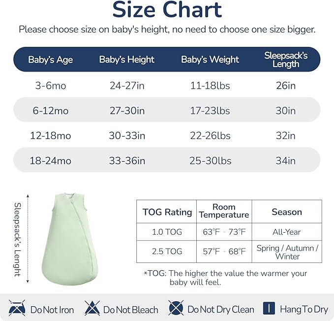 usbettas 1.0 Tog 2.5 Tog Baby Sleep Sack, 100% Cotton Baby Sleeping Bag 3-24M, 2-Way Zipper Baby Wearable Blanket