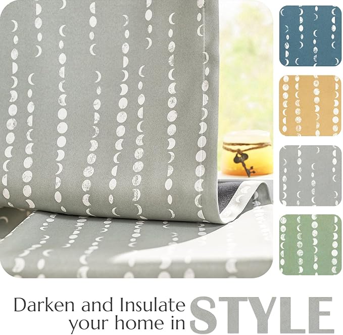 jinchan 95% Blackout Bohemian Moon Phase Print Bedroom 84 Inch Long Grey Curtain Grommet Top Thermal Insulation for Kids Room Grey Curtain Set 2 Panels