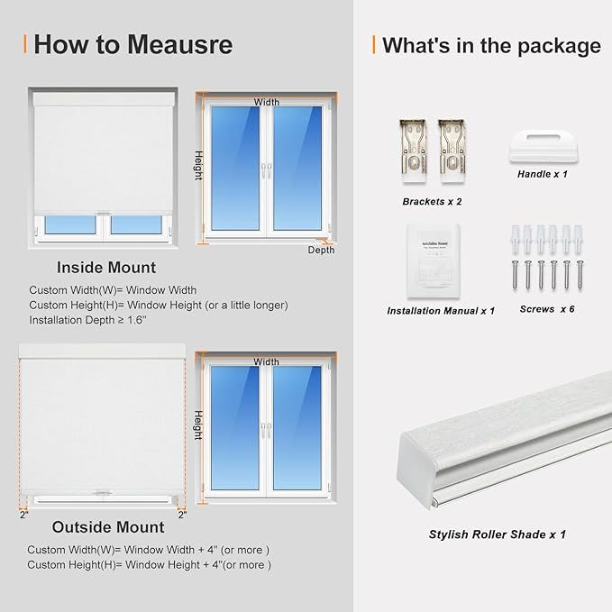 Persilux Custom Size Blackout Roller Shades - Free-Stop Blinds With Jacquard Fabric, Cordless Pull Down Shades for Windows, Doors, Home, Office - Easy to Install, White
