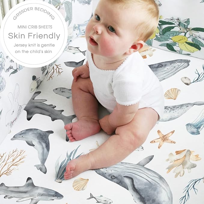 GRSSDER Stretchy Super Soft Jersey Knit Fitted Pack n Play Sheets Set 2 Pack, Universal Fitted for Portable/Mini Crib Mattresses Snug and Safe, Beautiful Marine Organism for Boys and Girls