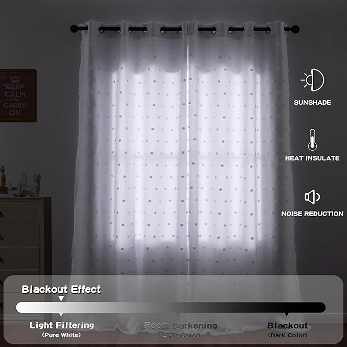 MYSKY HOME White Pom Pom Sheer and Curtains for Living Room 84 Inches Long Nursery Curtains Girls Kids Bedroom Light Filtering Double Layer Window Drapes Grommet,White, 52 x 84 Inch, 2 Pieces