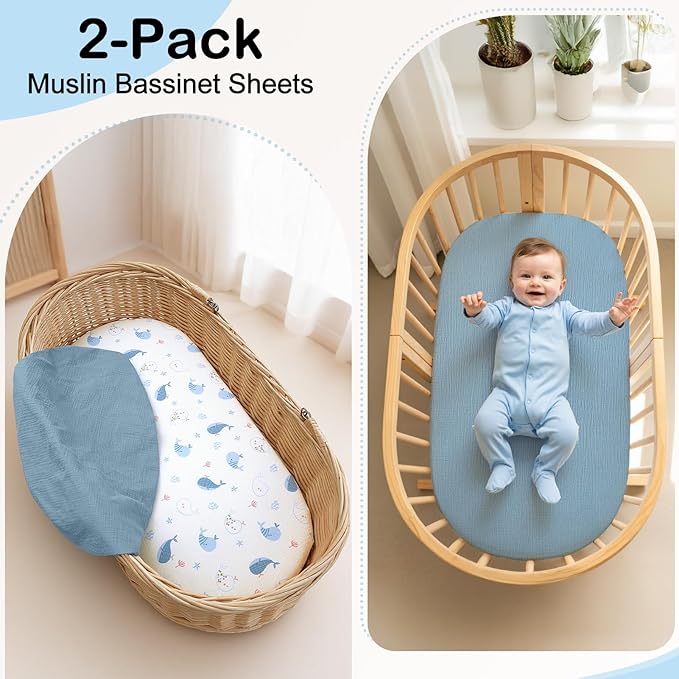 Baby Bassinet Sheets TPU Waterproof 2 Pack Soft Muslin Bedside Bassinet Mattress Sheets with Bottom Elastic Band for Baby Boy Girls Unisex Fit Hourglass Oval and Rectangle, Dusty-Blue