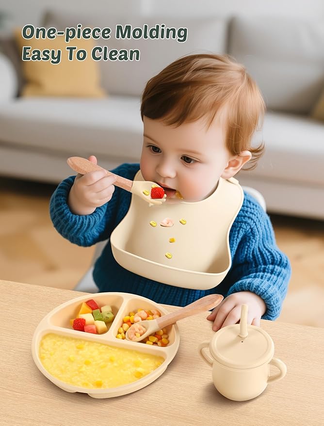 JELLDJK 24 PCS Silicone Baby Feeding Set, Baby Led Weaning Supplies Includes Suction Bowls and Divided Plates, Adjustable Silicone Bib, Spoons&forks, Training cup with straw (Green+Blue+Beige)