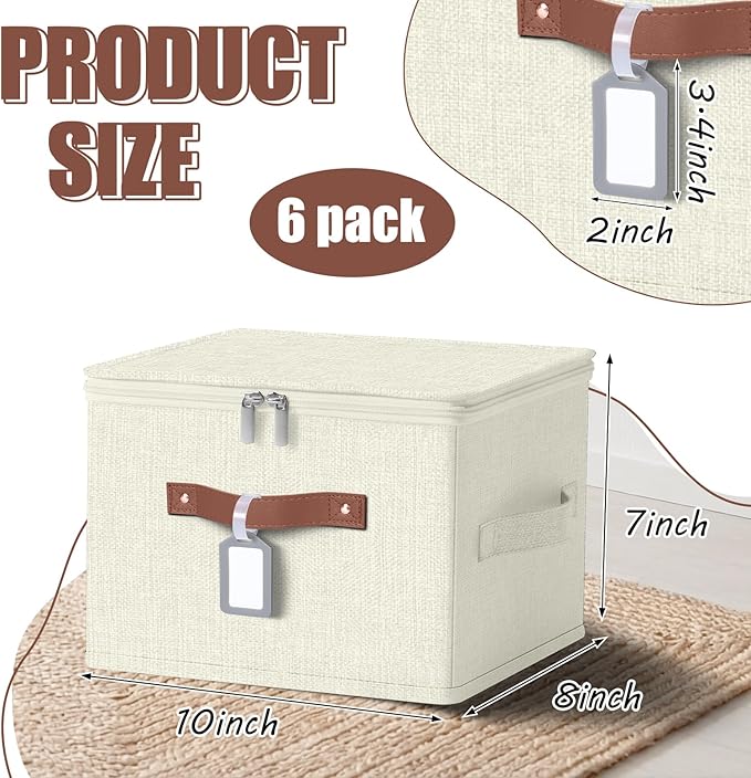6 Pack Fabric Closet Storage Bins with Zipper Lids and Label, 10×8×7In Large Size Foldable Cotton Linen Storage Cubes Boxes with PU Leather Handles Holders for Bedroom, Shelf, Nursery, Beige
