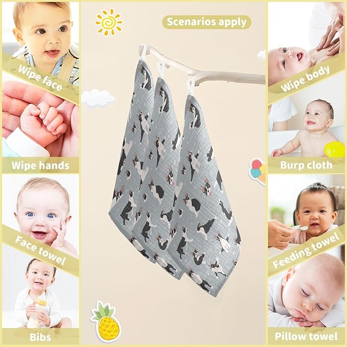 vvfelixl Baby Muslin Washcloths Boston Terrier Baby Burp Cloths Cotton Baby Face Towel for Newborn Infants Boys Girls Soft and Absorbent 11.8 X 11.8 in, 3 Pack