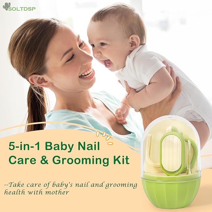 5-in-1 Baby Nail Kit with Storage Case, Cactus Theme Design Including Baby Nail Clippers, Nail Scissors, Nail File, Tweezers & Nose Picker, Newborn Essentials Must Haves for Baby Shower(Green)