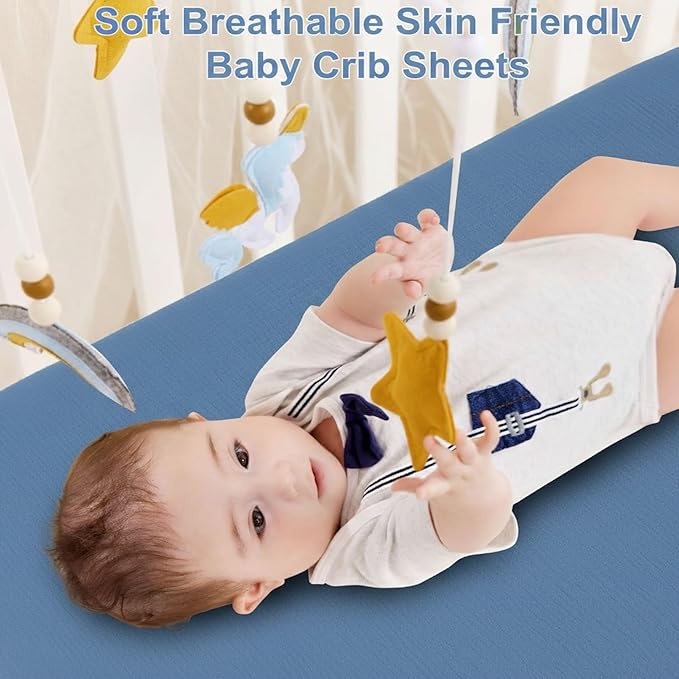 2 Pack Blue Muslin Crib Sheets for Boys & Girl- Neutral Breathable Cotton Crib Mattress Sheets Fitted for Standard 28"x 52"- Nursery Décor No Slip Crib Bed Sheets