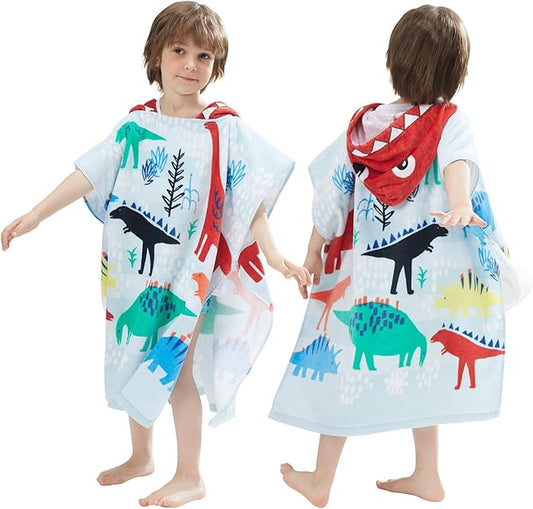 BANGSAUR Kids Hooded Towel Bath Beach Soft Cotton Towels Boys Absorbent Pool Wrap with Hood Baby Toddler Poncho Robe(Dinotopia,3-4Years/Height:33"-43")