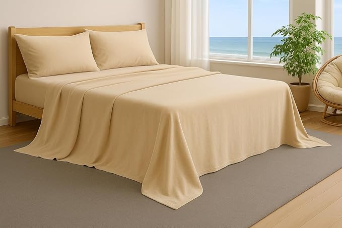 100% Cotton Bed Sheet Set with Deep Pocket - T-Shirt Fabric Jersey Knit - Extra Soft - Easy Fit - 4 Piece Set with Pillowcases - All Season - Comfy – 4 pcs (Beige, California King)
