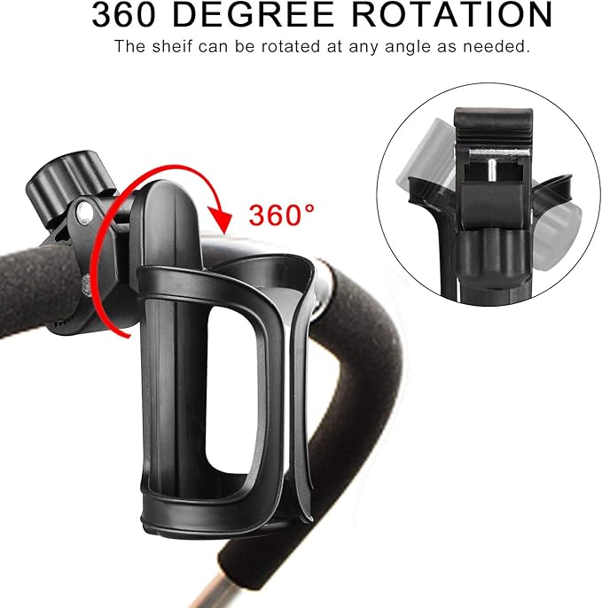 Accmor Stroller Cup Holder with Hook Set, Universal Cup Holder for Uppababy, Nuna, Doona Strollers, 360 ° Rotatable Bottle Holder for Stroller, Bike, Wheelchair, Walker, Scooter, Black