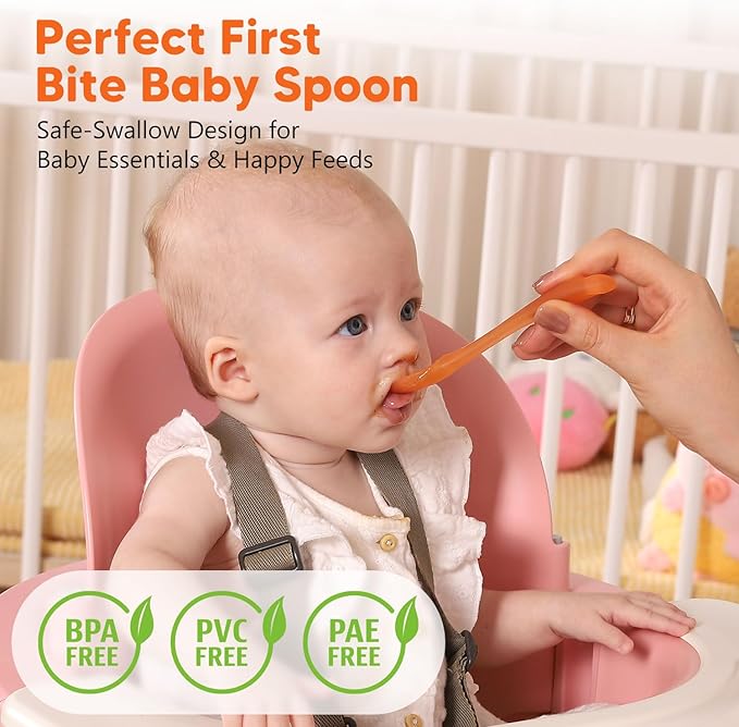 Omnilove Silicone Baby Spoons 2-Pack with Case, New Born Self Feeding Toddler Spoon, Baby Led Weaning Supplies, Toddler Utensils with Safety Chain, Baby Eating Essentials, Dishwasher Safe
