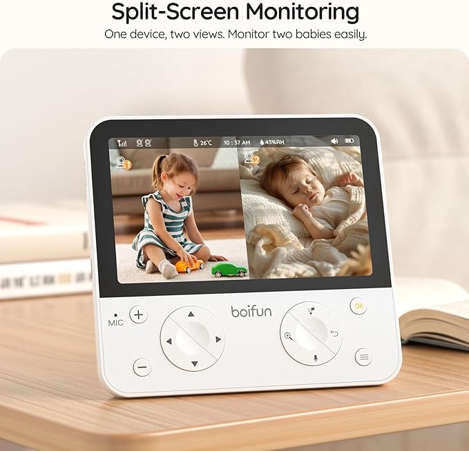 BOIFUN 5.5" AI 4MP Split Screen Baby Monitor with 2 Cameras Pro Max: App (Wi-Fi) and Screen (No Wi-Fi) Control, Upgrade AI Detection (Tummy Sleeping & Face Area), Night Light, Motion & Sound Detection