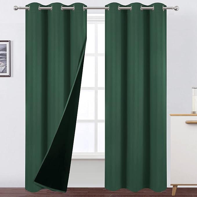 LEMOMO 100% Blackout Curtains 40 x 84 Inch/Green Curtains 2 Panels with Black Lining Room Darkening Thermal Insulated Bedroom Curtains