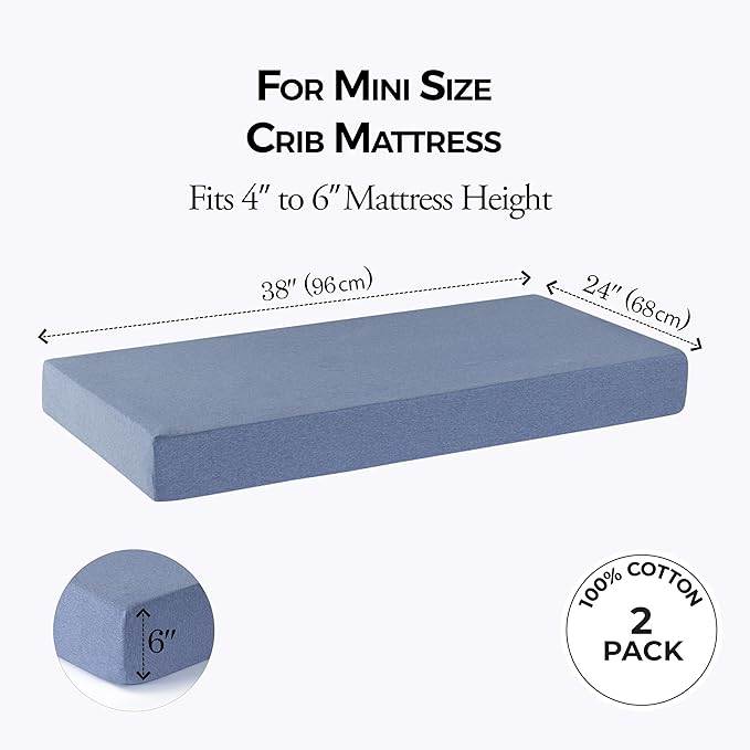 Dreamology Mini Crib Sheets, Pack and Play Sheets Fitted, 100% Cotton Mini Crib Sheets Fitted, Boy, Girl, Pack n Play Sheet, Crib Mattress Sheets, 24x38 Crib Sheets | Dino, Denim Blue