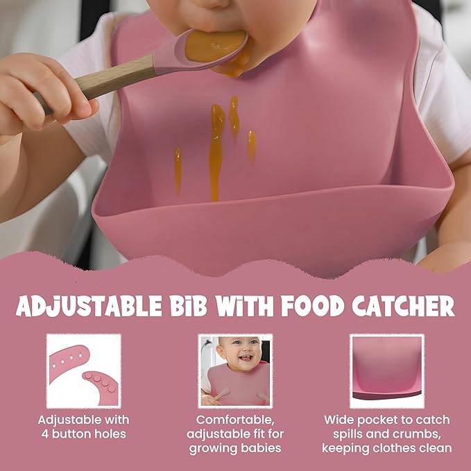 Baby Feeding Essentials, Baby Led Weaning Supplies, Silicone Baby Feeding Set, with Baby Spoon, Fork, Baby Bib, Sippy Cup, Suction Plate, Suction Bowl, Baby Eating Essentials, 6+ Months (Dark Pink)