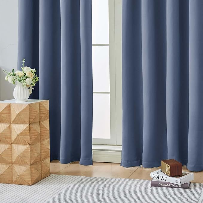 Aiyufeng Denim Blue Short Blackout Curtains for Bedroom 45 Inches Long 2 Panels Set, Solid Thermal Insulated, Energy Saving Window Treatment Curtains Blackout Drapes, W40 x L45 Inch, Denim Blue