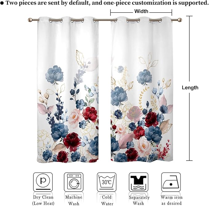 Renaiss Floral Blackout Curtains Watercolor Gray Blue and Red Peony Flower Bloossom Thermal Insulated Window Drapes for Bedroom 42W x 84L inches 2 Panel Set Window Curtains for Living Room