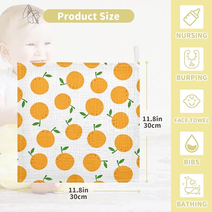 vvfelixl Baby Washcloths Cotton Cartoon Oranges Baby Muslin Washcloths Soft Baby Face Towel for Newborn Infants Baby Wipes, 11.8 X 11.8 Inch, 3 Pack White