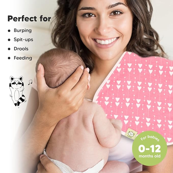 Organic Burp Cloths Baby Boy & Girl - 5-Pack Super Absorbent Cotton Burping Cloths for Babies, Soft & Plush Newborn Spit Up Rags, Infant Towels for Milk Spit Up, Unisex, Large 21" x 10" (Pink Dreams)