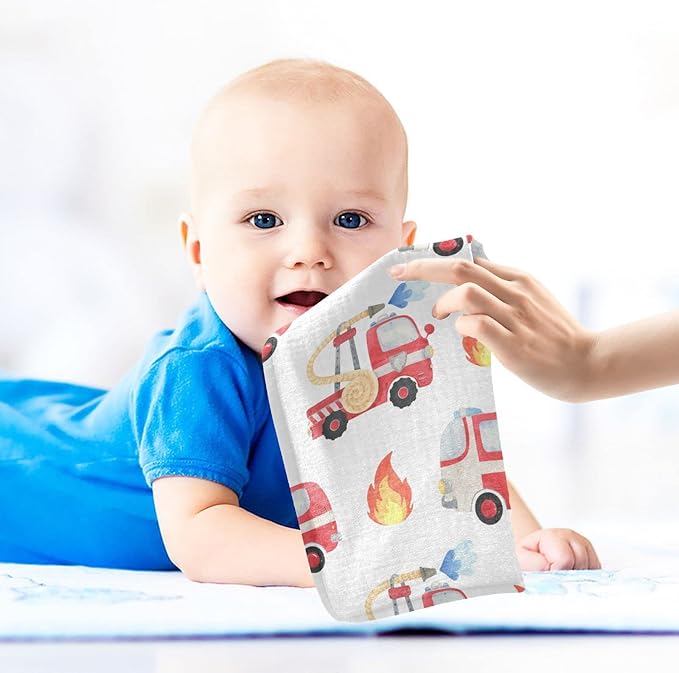 vvfelixl Baby Muslin Washcloths, Fire Department Funny Cars Baby Burp Cloths, Cotton Baby Face Towel for Newborn Infants Boys Girls Soft and Absorbent 11.8 X 11.8 in, 3 Pack
