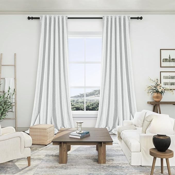 102 Inchs Long Full Blackout Curtains 2 Panels Set for Living Room Darkening Back Tab Thermal Insulated 100% Black Out Linen Drapes for Nursery Bedroom Static White