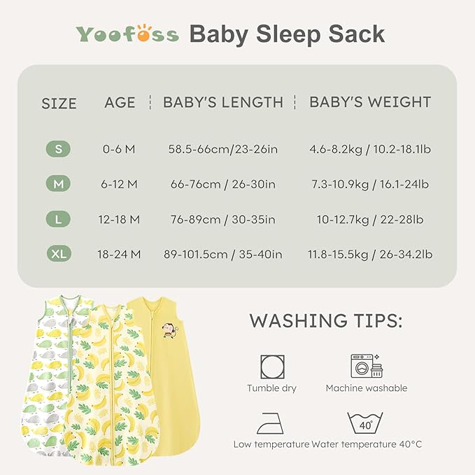 Yoofoss Baby Sleep Sack 12-18 Months Wearable Blanket for Babies 100% Organic Cotton 2-Way Zipper TOG 0.5 Toddler Sleeping Sack 3 Pack, Comfy Lightweight Sleep Sacks