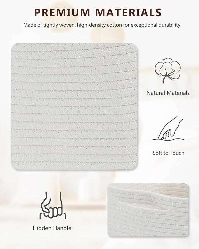 Cube Storage Bin 11" x 10.5" x 10.5" Cotton Rope Basket Square Woven Storage Basket for Shelves, Closet Organizer, Soft Towel Sock Basket, White, 2 Pack
