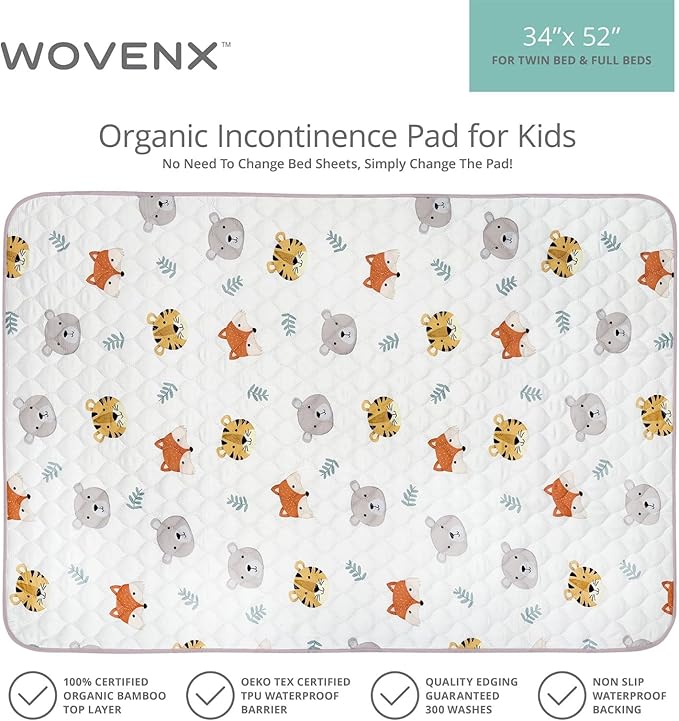 WOVENX Organic Incontinence Pads for Kids & Toddlers - 5 Layer Waterproof Protectors for Overnight Bed Wetting - Reusable & Washable Pee Pads - Fits Twin to Full Size Beds - 34" x 52" Tiger Bear Fox