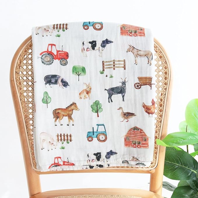 LifeTree Muslin Swaddle Blankets, Baby Swaddles Blanket for Boys Girls Newborn Nursery, Soft Large 47" x 47", Farm Animals, 70% Viscose from Bamboo and 30% Cotton