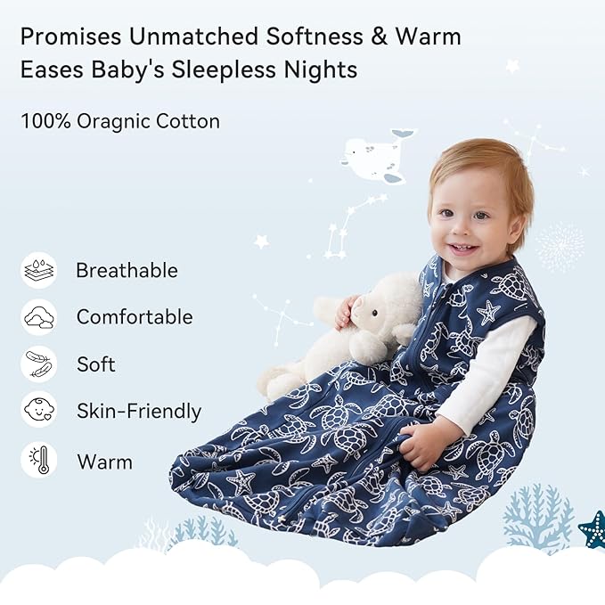 Unnivoll Baby Sleep Sack 6-12 Months 0.5 Tog Wearable Blanket Baby, 3 Pack 100% Cotton Lightweight Sleeping Sack with 2-Way Zipper for Newborn Infant Shark