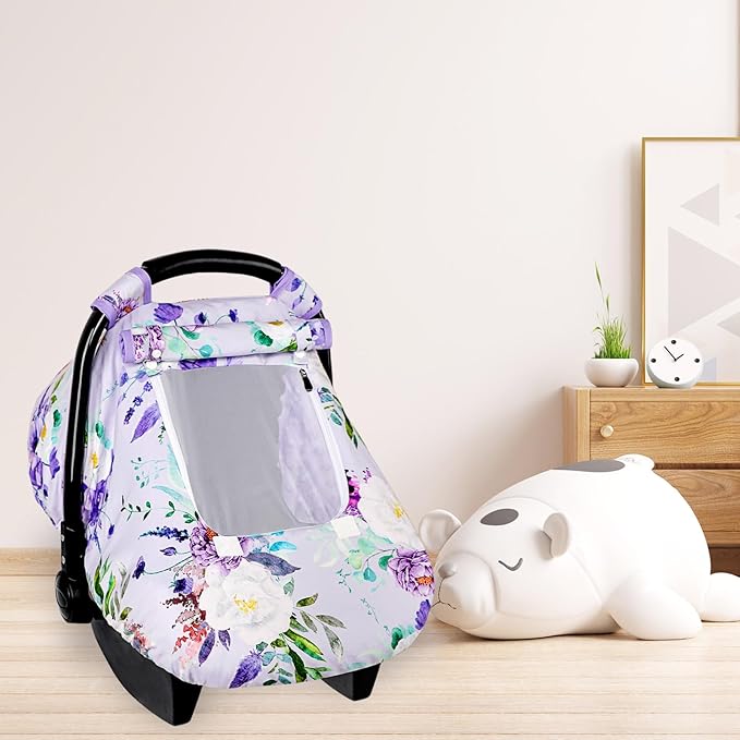 Car Seat Cover Baby Girl, Warm Winter Carseat Cover for Baby, Purple Floral Infant Car Seat Canopy with Peep Window, for Protecting Baby from Wind & Sun, Kick-Proof & Windproof