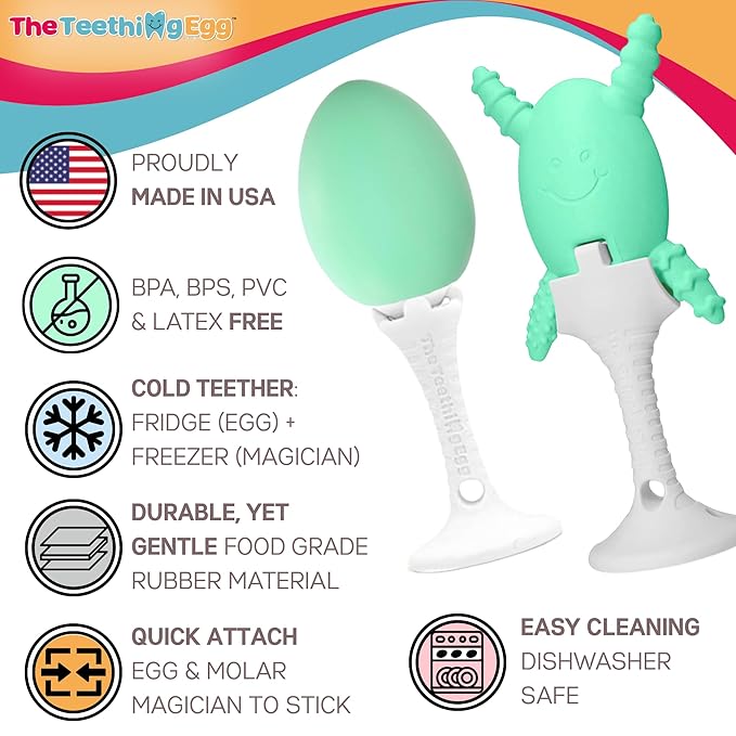 The Teething Egg Baby Teether + Molar Magician + Grippie Stick x2, 4pc Bundle - Freezable Teething Toy for Babies 3–6 Months up to 18 Months – Made in USA, Food-Grade TPE, Mint