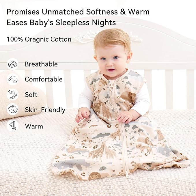 Unnivoll Baby Sleep Sack 6-12 Months 0.5 Tog Wearable Blanket Baby, 3 Pack 100% Cotton Lightweight Sleeping Sack with 2-Way Zipper for Newborn Infant Apricot Gray Green Elephant