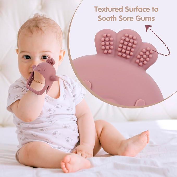 Baby Teether Toy for Infants 3–24 Months, Silicone Biting Toy with Handle, Textured Surface for Gum Soothing, Easy to Hold and Clean, Travel-Friendly Design (Chicken Dark Pink)