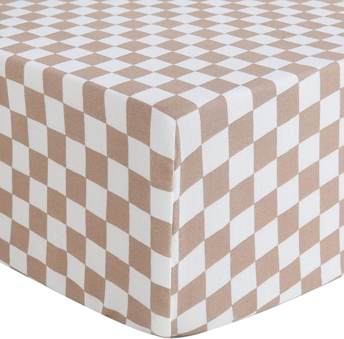 LifeTree Crib Sheets for Baby Unisex - Muslin Fitted Crib Sheets Toddler Bed Sheet, 70% Viscose from Bamboo and 30% Cotton, Fits Standard Crib, Coffee Checkered, 28in x 52in