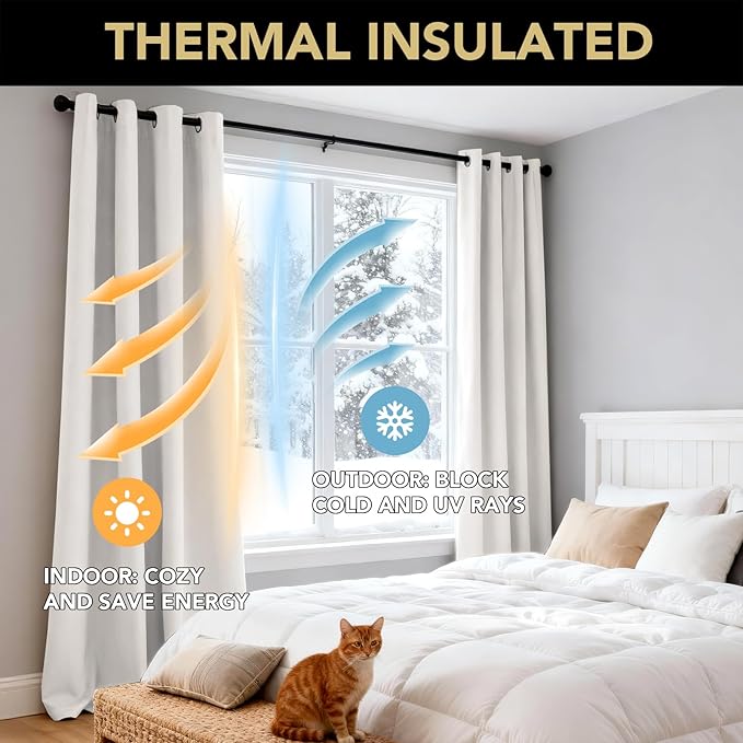 PrinceDeco Blackout Curtains for Bedroom – 100% Light Blocking Thermal Insulated Curtains 96 inch Length, Noise Reducing Energy Saving Drapes for Living Room,Nursery,2 Panels,55" W x96 L,Ivory