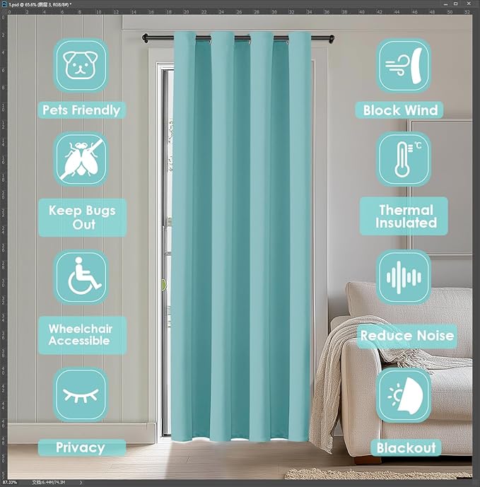 ChrisDowa Blackout Curtains 80 Inches Long for Doorways and Closets, Thermal Insulated Temporary Room Dividers (1 Panel, Aqua, 42 x 80 Inch)