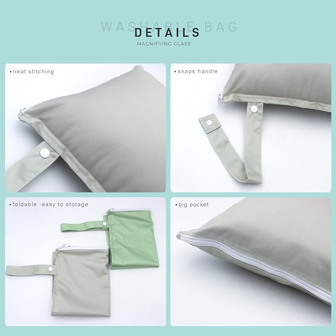 Wet Dry Bag 2pcs Waterproof Reusable Wet Bag for Swimsuits, Baby Cloth Diaper, Travel, Beach, Pool, Bathing Suit, Gym Wet Clothes (Grey Green)