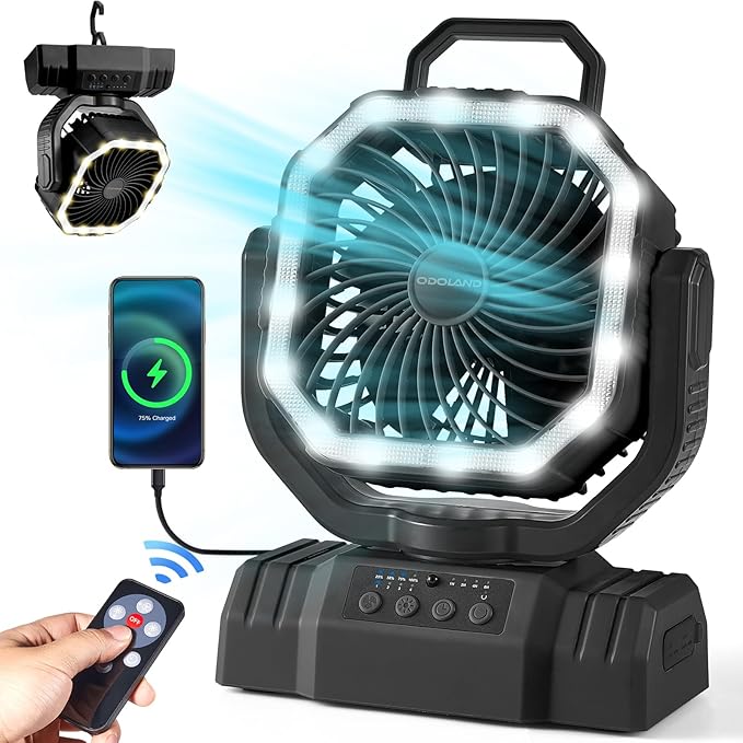 Odoland Portable Camping Fan with LED Lantern, 20000mAh Rechargeable Battery Powered Fan with Auto Oscillation, Timer, Remote, 360° Rotation Hook, 4 Speeds for Power Outage Travel Home, Black