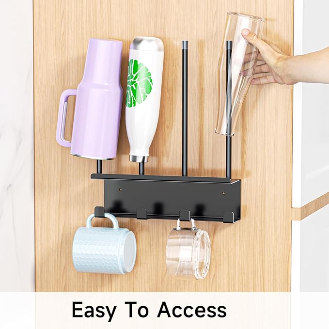 Wall Mounted Water Bottle Drying Rack, Baby Bottle Dryer Rack, Metal Cup Rack Dryer Stand, Mug Holder with Storage Rack, Mug Hooks for Bottle Cap, Bottle Drying Rack for Cups, Plastic Bags (Black)